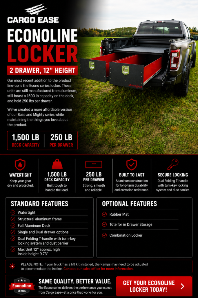 Cargo Ease Econoline 2-drawer 12-inch locker product page showing pickup truck drawer storage system with 1500 lb deck capacity