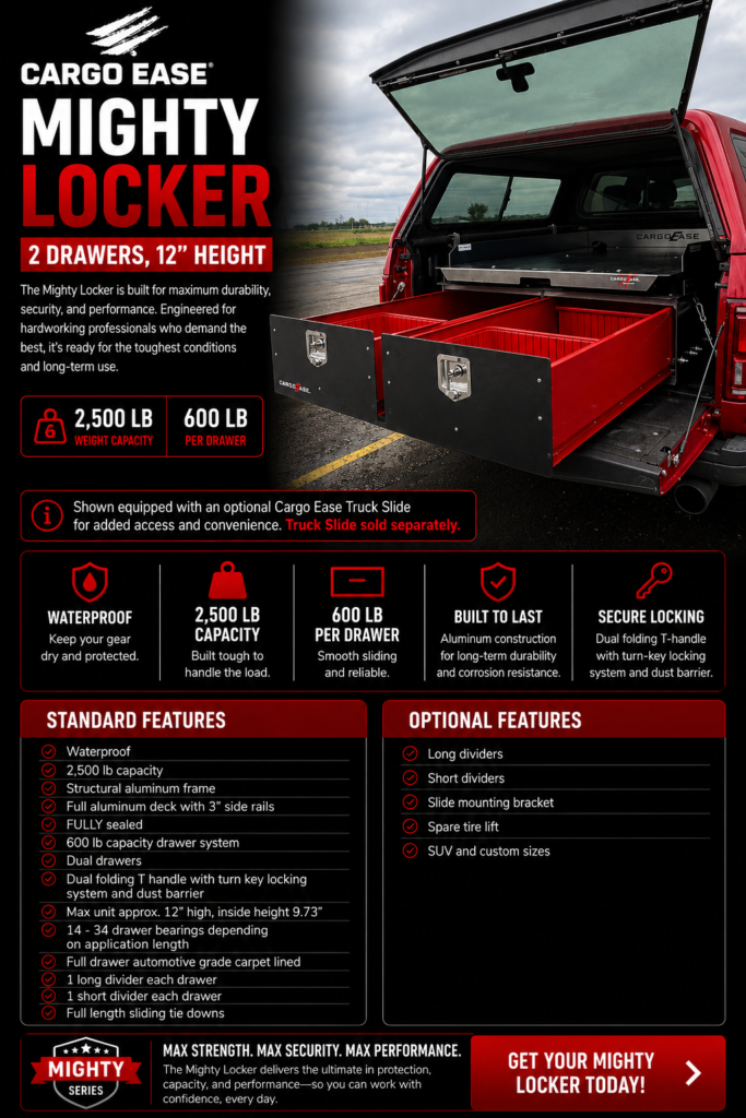 Cargo Ease Mighty Locker 2-drawer 12-inch system with 2500 lb capacity and 600 lb drawer capacity installed in a pickup truck bed