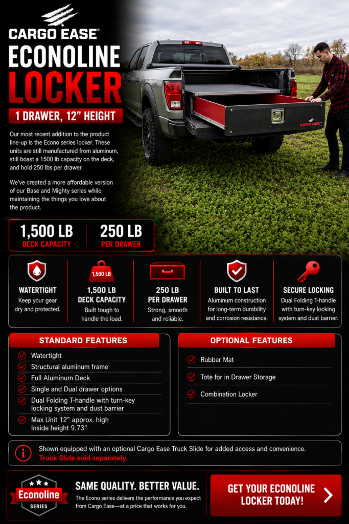 Cargo Ease Econoline 1-drawer 12-inch locker product page showing pickup truck drawer storage system with 1500 lb deck capacity