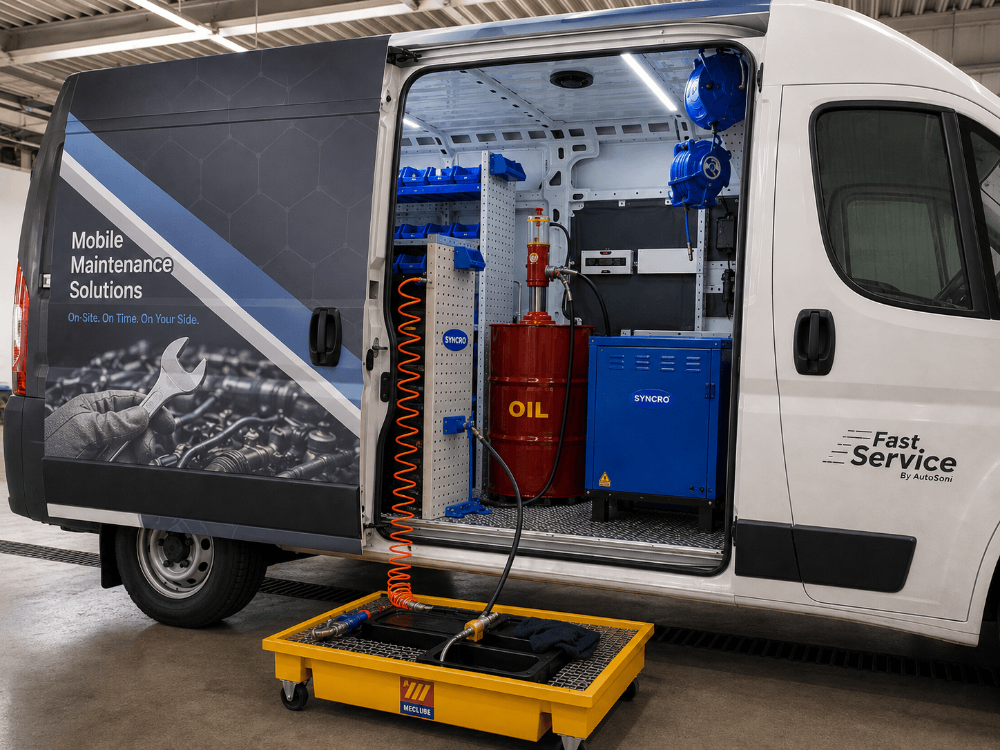 Pro Cargo commercial vehicle equipment image showing Syncro van storage, MecLube lubrication equipment, hose reels, pumps, and mobile maintenance workflow.