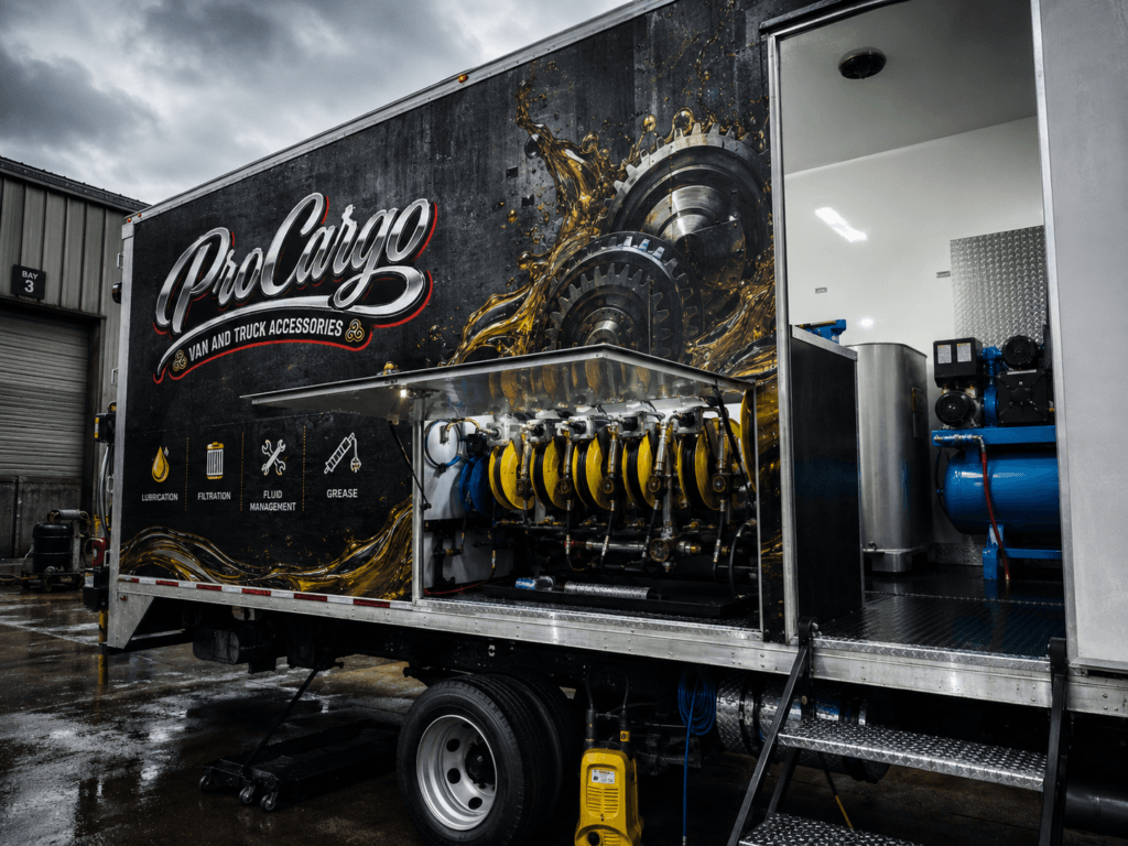 Pro Cargo lubrication and fluid handling systems image showing MecLube-style hose reels, pumps, tanks, and mobile maintenance workflow equipment.
