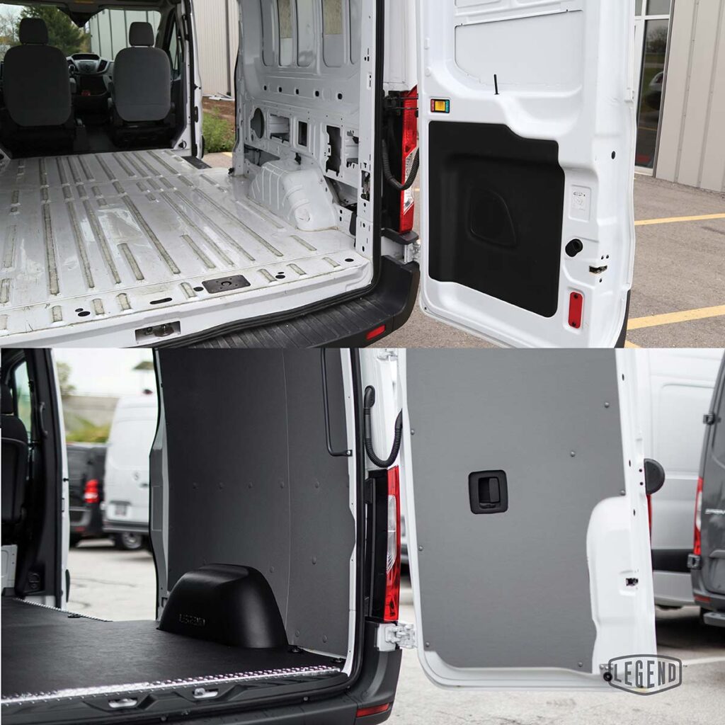 Legend Fleet Solutions van protection liner system showing before and after cargo area wall and door protection