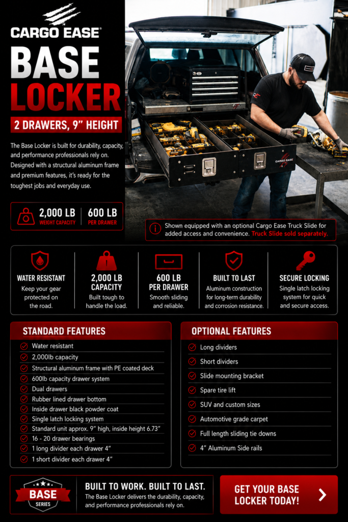 Cargo Ease Base Locker 2-drawer 9-inch system with 2000 lb capacity and 600 lb drawer capacity installed in a pickup truck bed