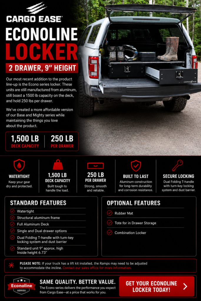 Cargo Ease Econoline 2-drawer 9-inch locker product page showing pickup truck drawer storage system with 1500 lb deck capacity
