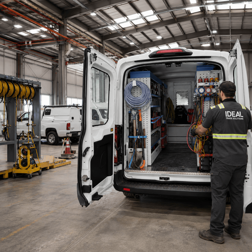 Pro Cargo ideal trade solutions image showing an organized service van shelving with tools, hose reels, storage, and workflow-focused equipment for skilled trades.
