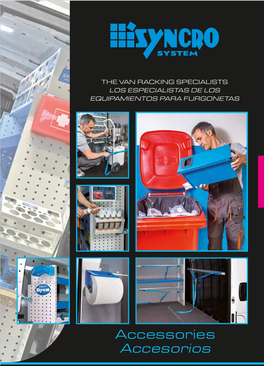 Syncro System accessories catalog for van storage accessories, holders, bins, hooks, paper roll holders, and commercial van organization components.