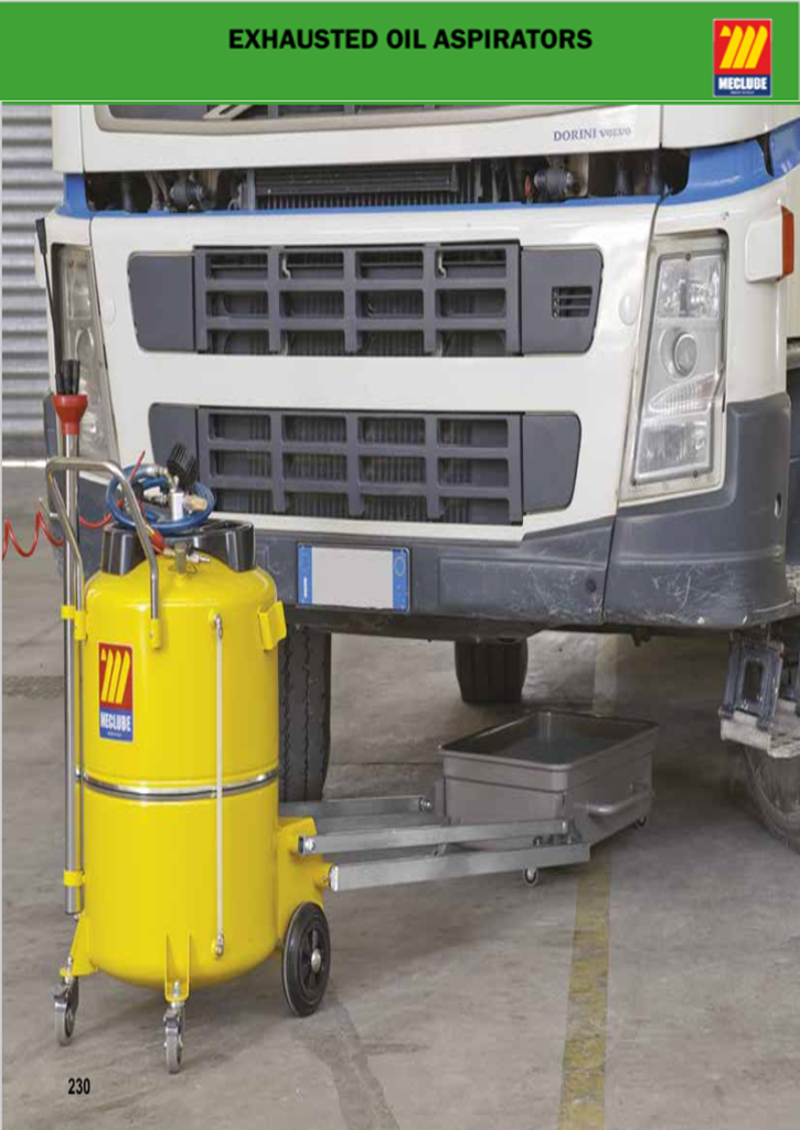MecLube exhausted oil aspirator catalog showing waste oil extraction equipment for heavy vehicle maintenance