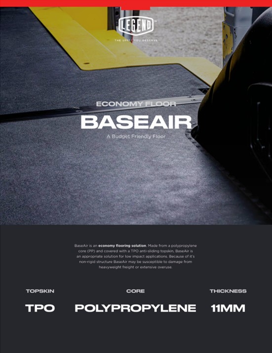 Legend Fleet Soltions BaseAir is a one-piece economy folding floor solution. Made from a polypropylene core (PP) and covered with an anti-slip topskin, BaseAir is an appropriate solution for last-mile delivery, mobility vehicles, and utility fleets. Because of it’s non-rigid structure BaseAir may be susceptible to damage from heavyweight freight or extensive overuse. Appropriate for low impact applications like parcel delivery