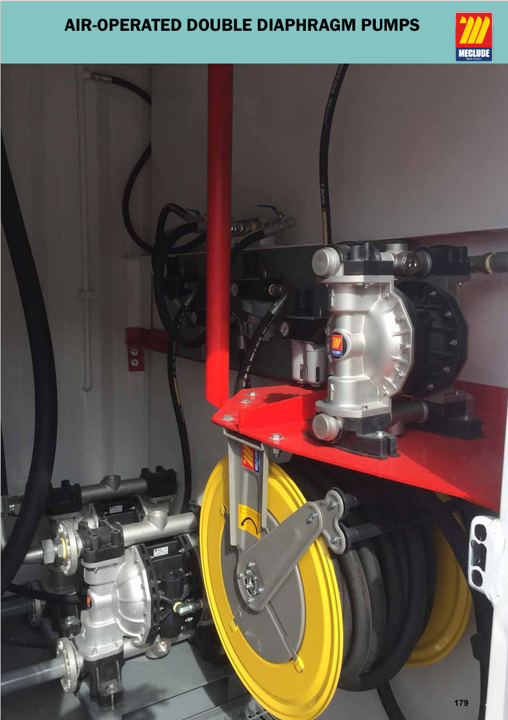 MecLube air-operated double diaphragm pump catalog showing diaphragm pumps installed with hose reel fluid handling systems
