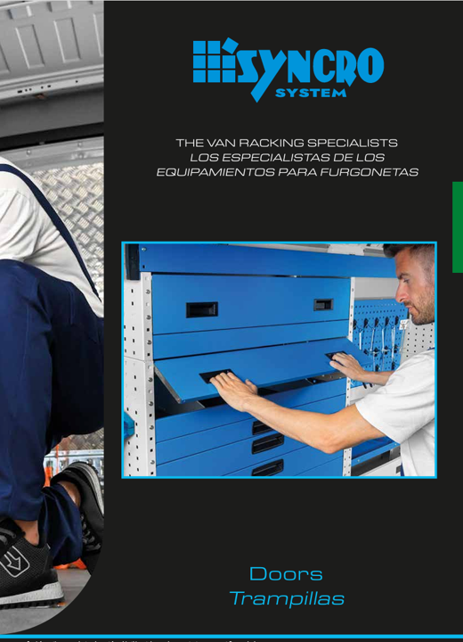 Syncro System doors catalog for van shelving doors, flip-down doors, lift-up doors, enclosed storage, and organized commercial van interiors.