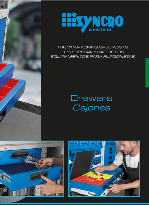 Syncro System drawers catalog for van drawer units, sliding drawers, tool storage, and organized commercial van interiors.