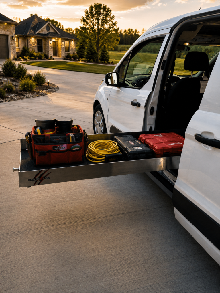 Cargo Ease Dual Directional Van Slide supporting tool and equipment access from the side doors of a service van