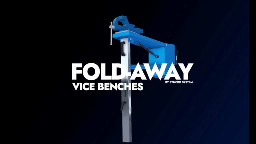 Syncro System fold-away vice benches video cover showing a folding van workbench with a mounted vise.