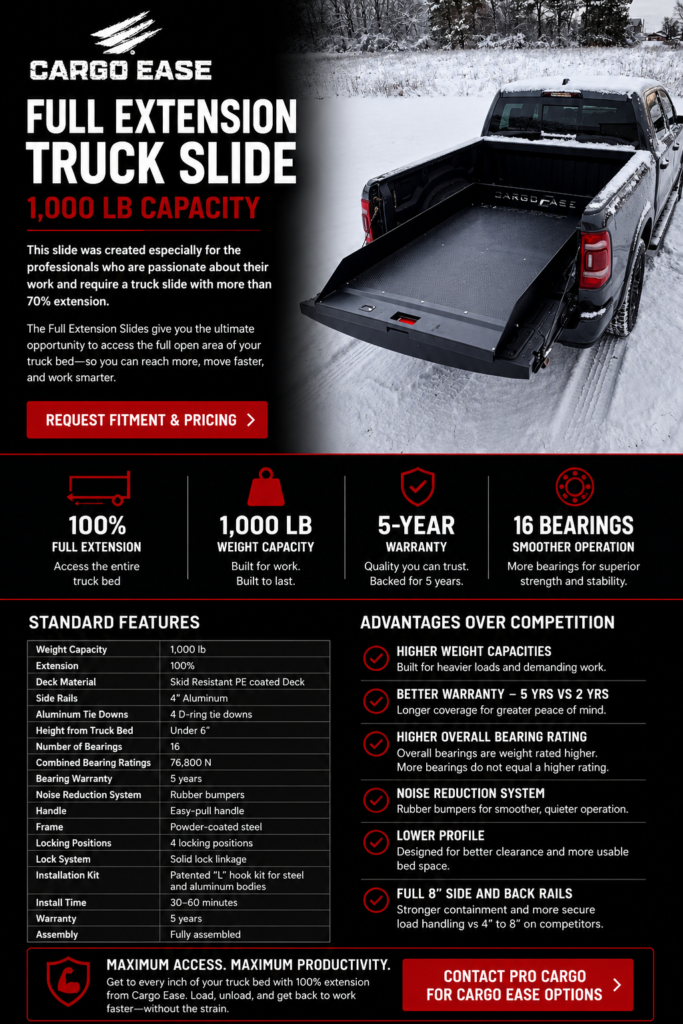 Cargo Ease Full Extension Truck Slide with 1000 lbs capacity and 100 percent extension for pickup truck cargo access