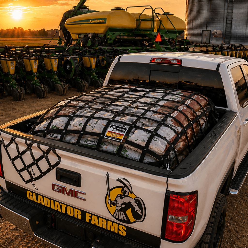 Pro Cargo cargo securement and load control systems image showing a Gladiator Cargo Net securing materials in a pickup truck bed for agricultural field-service workflow.