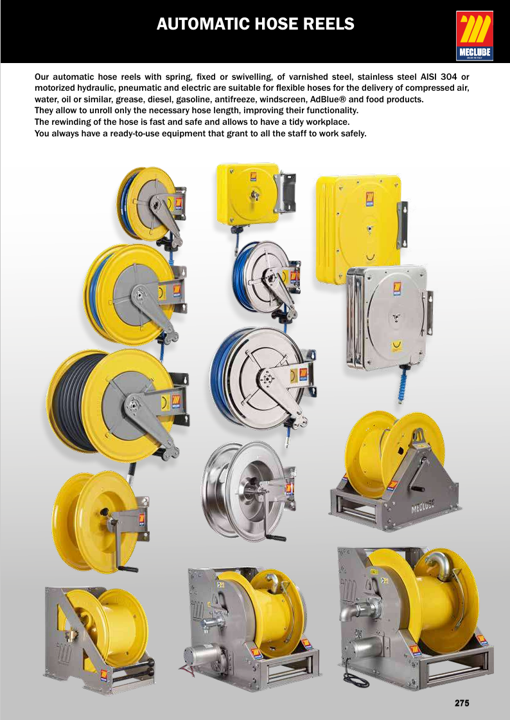 MecLube automatic hose reel catalog showing hose reel systems for oil, grease, air, water, diesel, gasoline, anti-freeze, and DEF applications