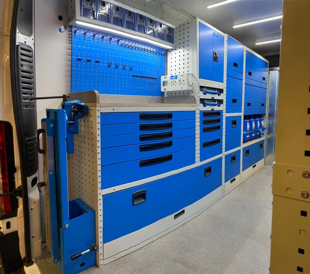 Pro Cargo mobile storage and organization systems image showing Syncro System van drawers, shelving, lockers, tool storage, and workflow-focused service vehicle organization
