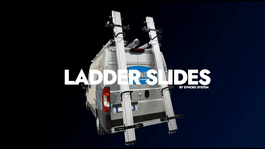Syncro System ladder slides video cover showing rear-mounted ladder slide carriers on a commercial van.