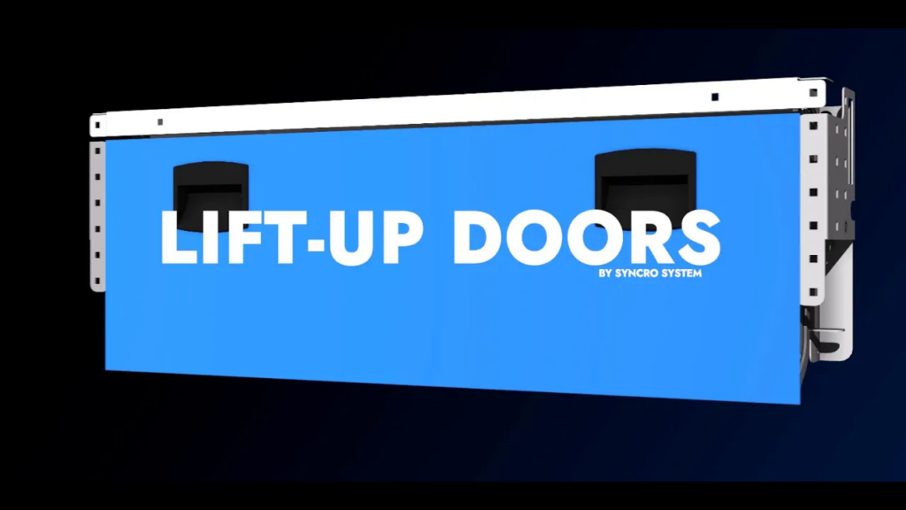 Syncro System lift-up doors video cover showing a blue van shelving door component for commercial van storage systems.