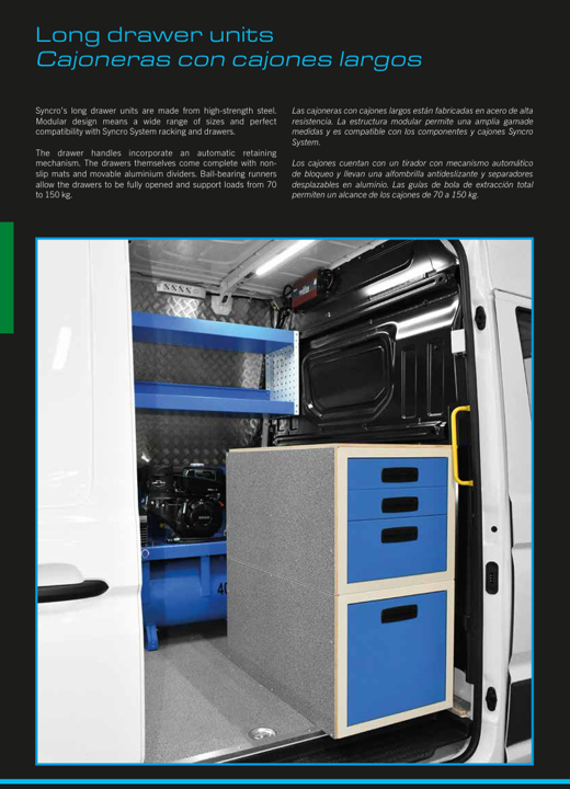 Syncro System long drawer units catalog for underfloor van drawers, long tool storage, sliding drawer units, and organized commercial van interiors.