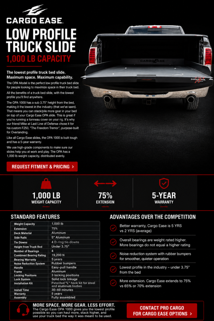 Cargo Ease Low Profile Truck Slide with 1000 lb capacity and 75 percent extension for pickup truck cargo access
