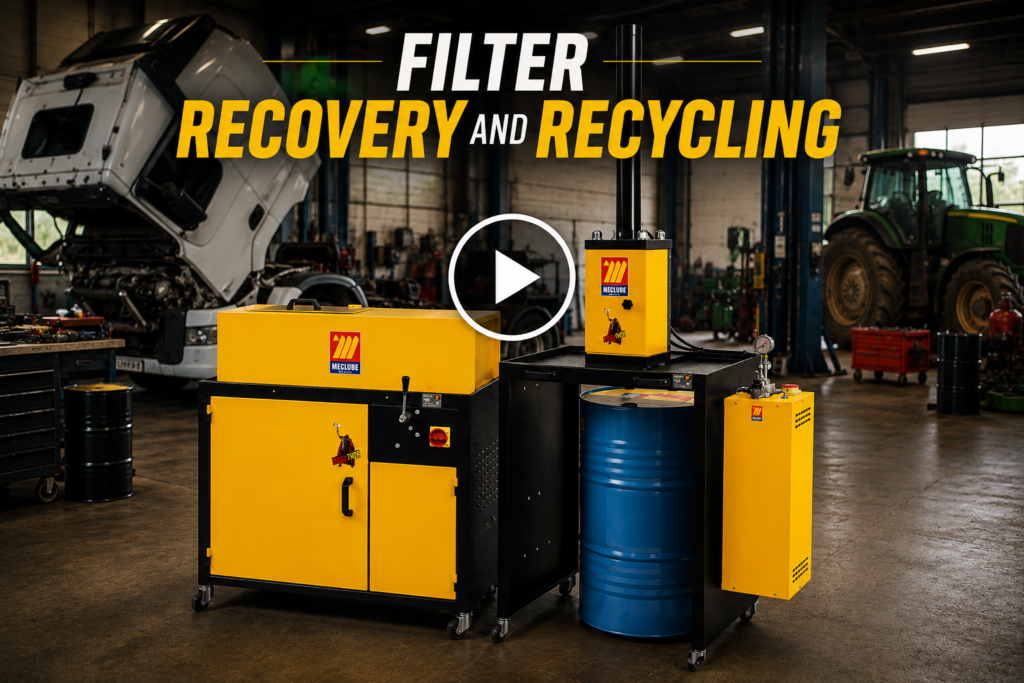 MecLube Mec-Thor horizontal and vertical filter recovery machines in a truck and farm equipment repair shop, used for draining and collecting residual lubricants from used filters.