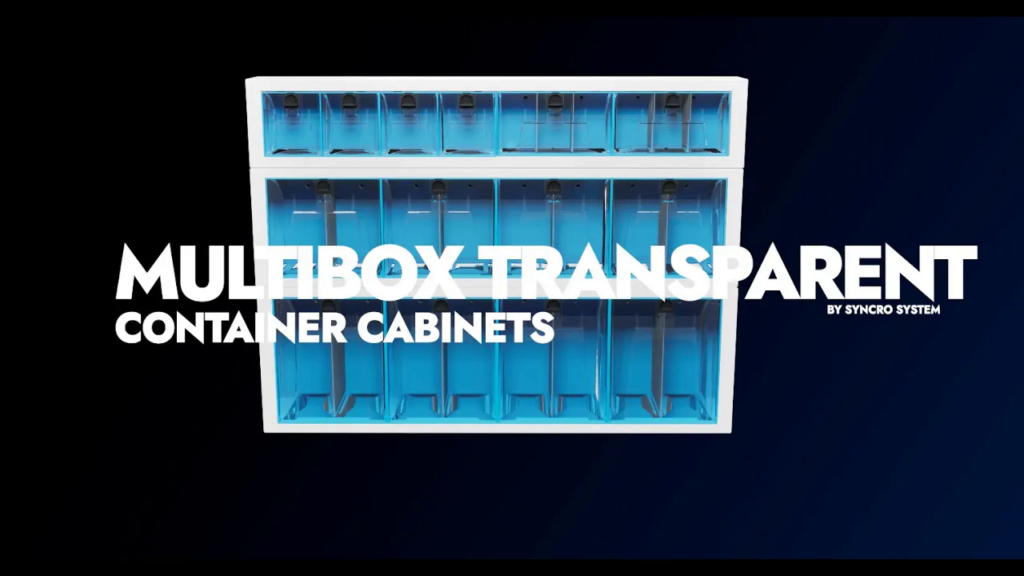 Syncro System Multibox transparent container cabinets video cover showing clear blue storage containers for commercial van organization.