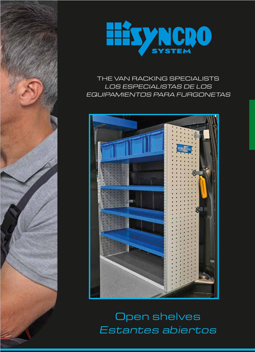 Syncro System open shelves catalog for van shelving, open storage shelves, trays, dividers, and organized commercial van interiors.