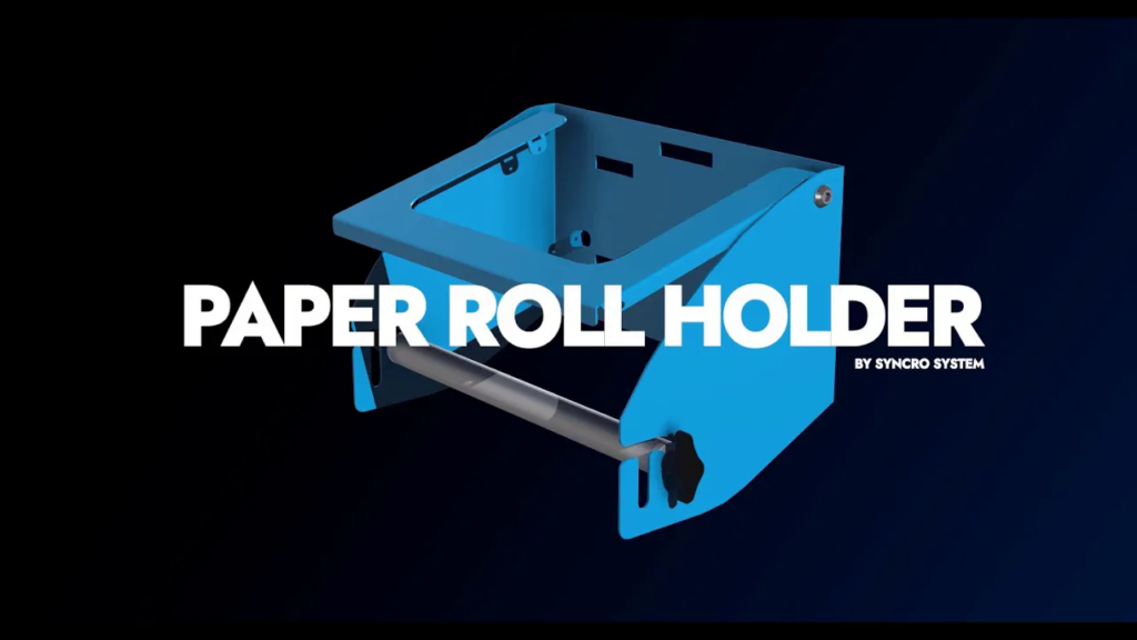 Syncro System paper roll holder video cover showing a blue holder for paper rolls used in commercial van interiors.
