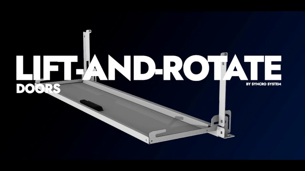 Syncro System lift-and-rotate doors video cover showing a van shelving door component for commercial van storage systems.