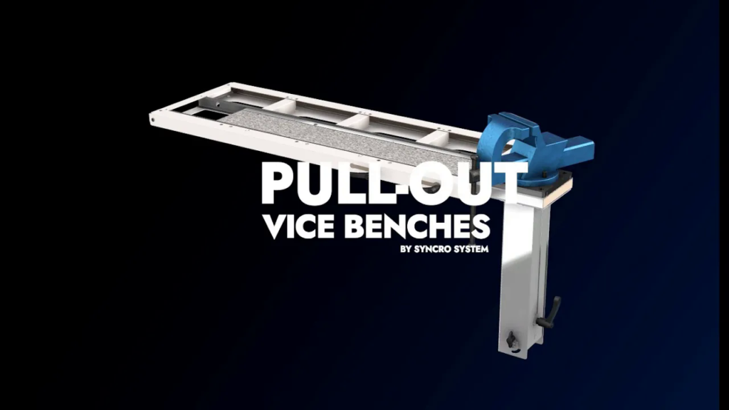 Syncro System pull-out vice benches video cover showing a sliding van workbench with a mounted vise.