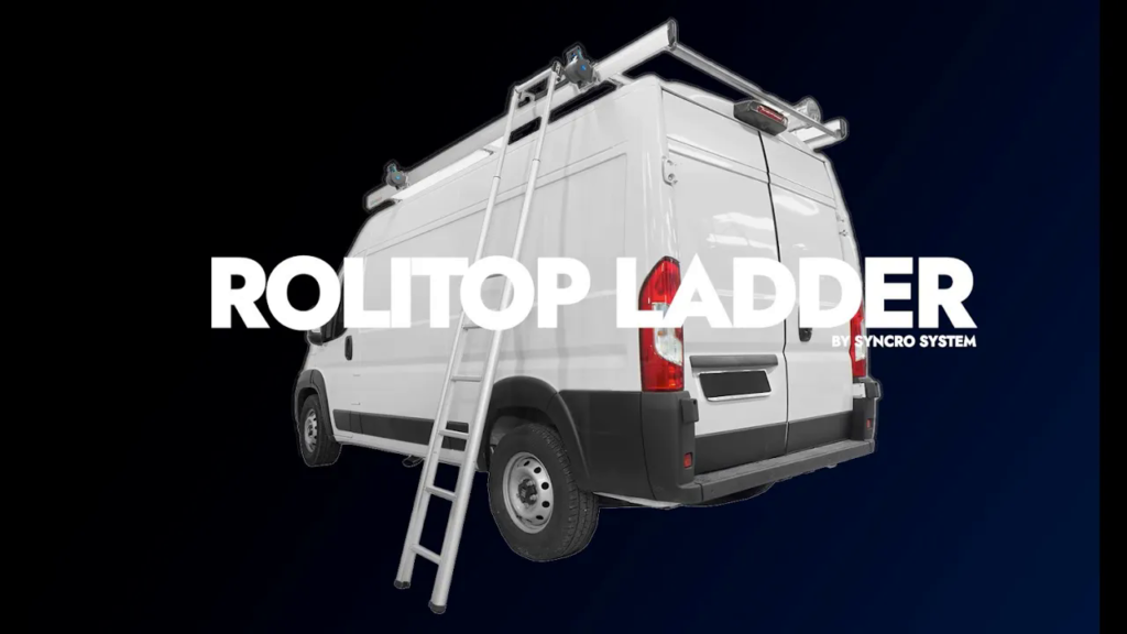 Syncro System Rolitop ladder video cover showing a van roof rack ladder loading system on a commercial van.