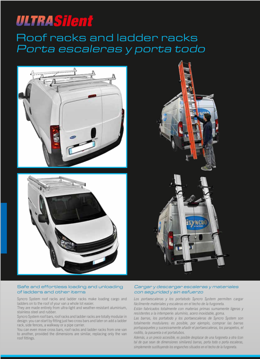 Syncro System roof racks and ladder racks catalog for van roof racks, ladder carriers, ladder loading systems, and commercial van exterior storage.