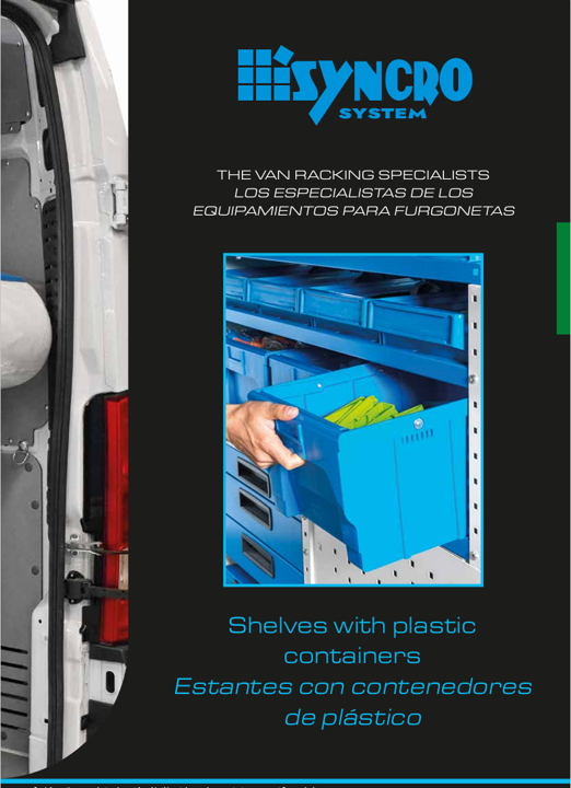Syncro System shelves with plastic containers catalog for van shelving, removable plastic bins, parts storage, and organized commercial van interiors.