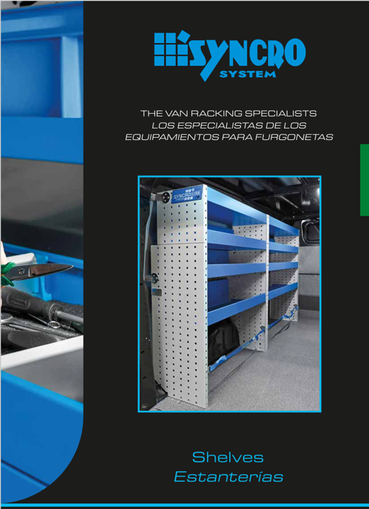 Syncro System shelves catalog for van shelving, storage shelves, dividers, trays, and organized commercial van interiors.