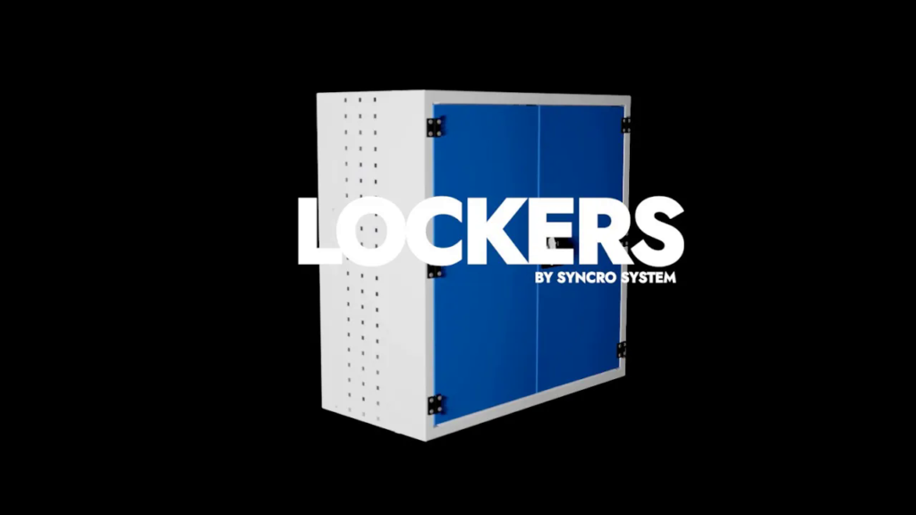 Syncro System lockers video cover showing a blue enclosed storage locker for commercial van organization.