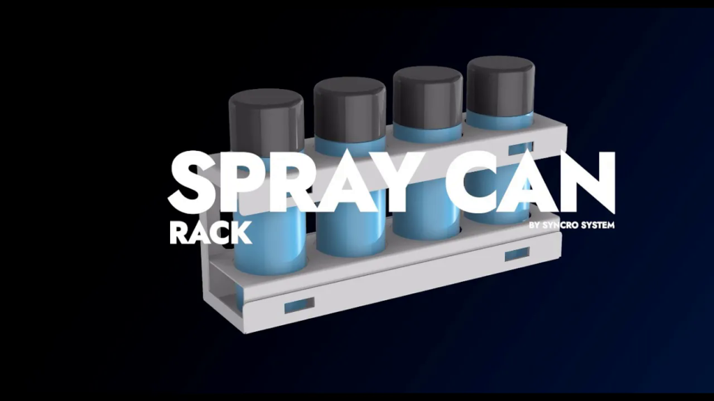 Syncro System spray can rack video cover showing a holder for aerosol cans used in commercial van organization.