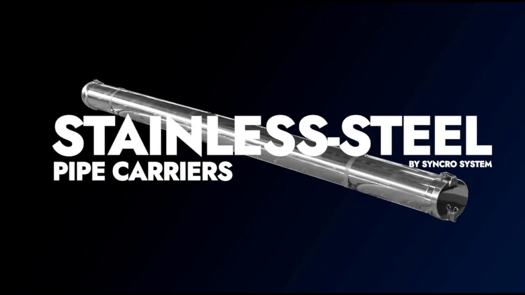 Syncro System stainless-steel pipe carriers video cover showing a metal pipe carrier for commercial van exterior storage.
