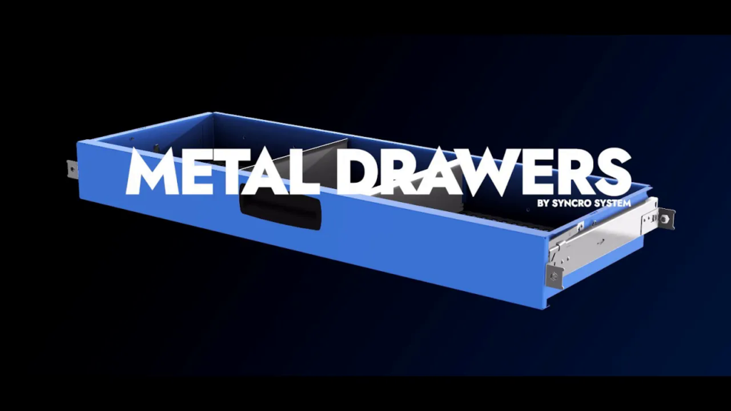 Syncro System metal drawers video cover showing a blue metal drawer for commercial van storage systems.