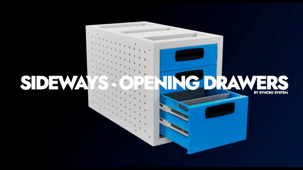 Syncro System sideways-opening drawers video cover showing a blue drawer unit for commercial van storage systems.