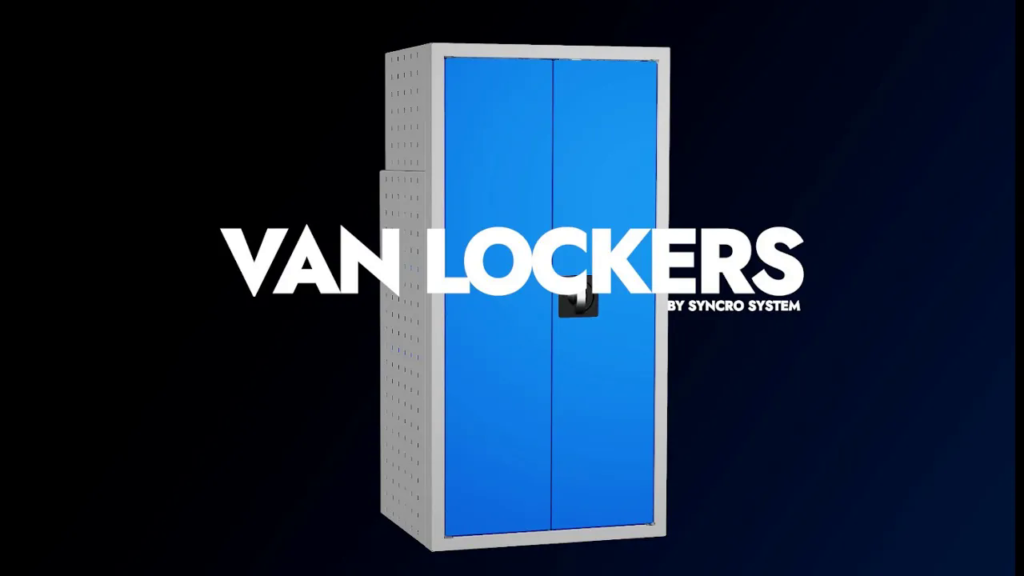 Syncro System van lockers video cover showing a blue enclosed storage locker for commercial van interiors.