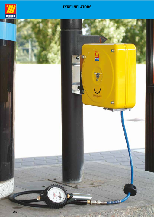 MecLube tire inflator catalog showing wall-mounted tire inflation equipment for service and maintenance applications