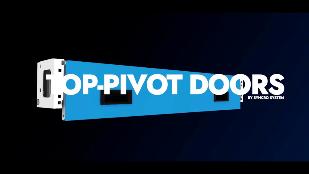 Syncro System top-pivot doors video cover showing a blue van shelving door component.