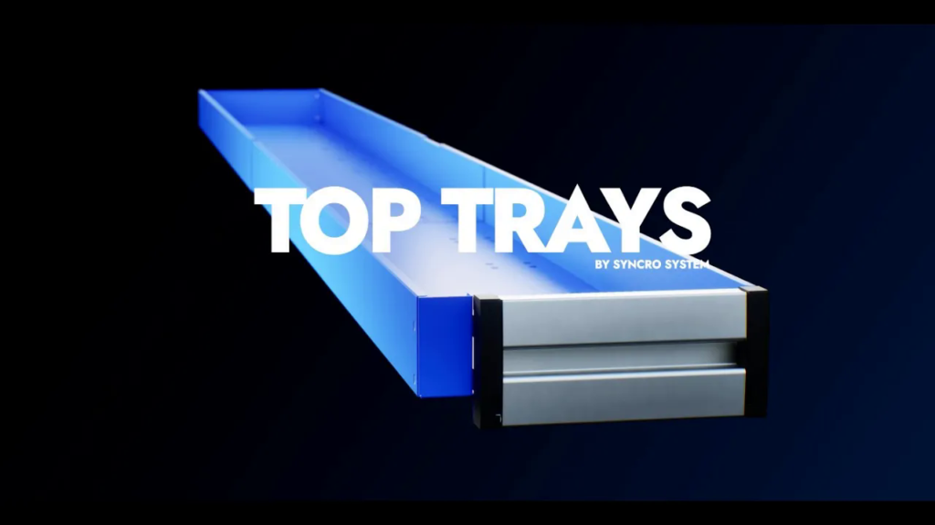 Syncro System top trays video cover showing a blue van shelving tray component.