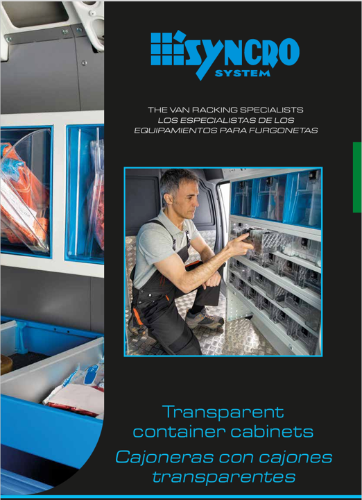 Syncro System transparent container cabinets catalog for van storage cabinets, clear containers, small parts storage, and organized commercial van interiors.