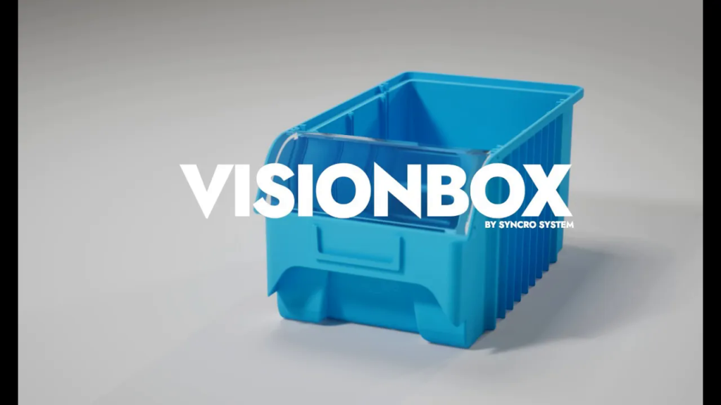 Syncro System Visionbox video cover showing a blue plastic storage bin with a clear front window for van organization.