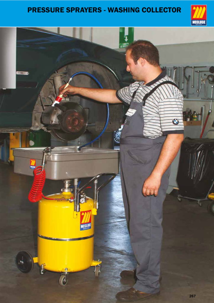 MecLube pressure sprayer and washing collector catalog showing brake cleaning equipment for shop maintenance applications