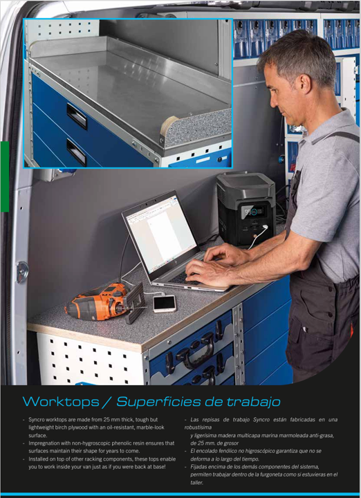 Syncro System worktops catalog for van work surfaces, mobile workbenches, countertop panels, and commercial van workspace solutions.