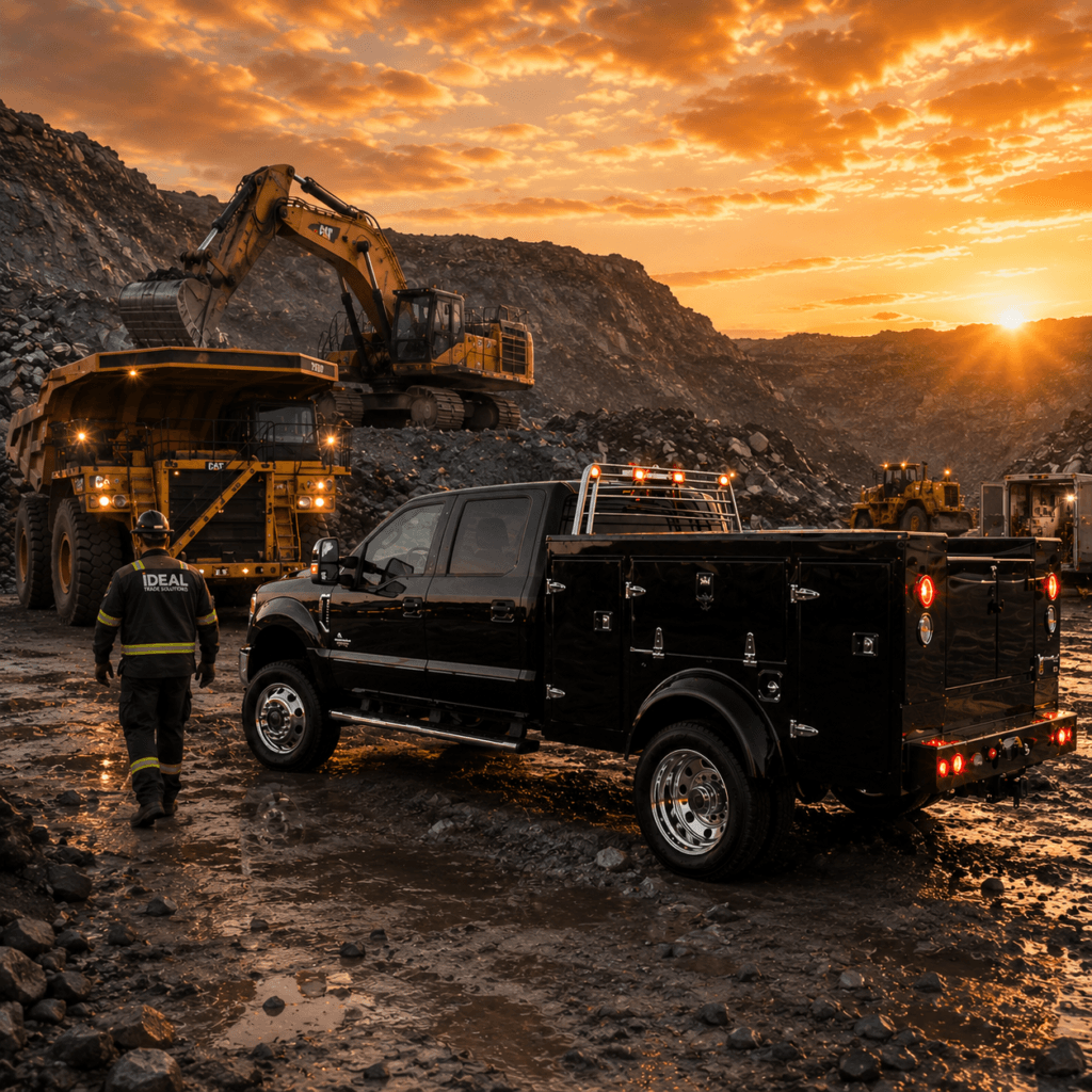 Industry solution with service trucks and equipment in a mining operation with work truck support