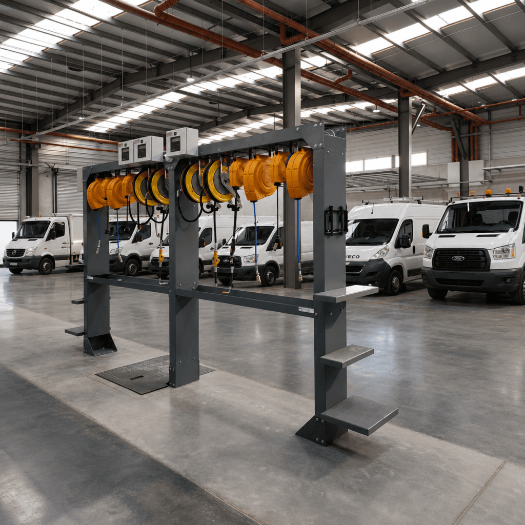 Pro Cargo Lubrication Equipment solution with MecLube fluid handling, hose reels, pumps, and organized service equipment for fleet maintenance workflow.